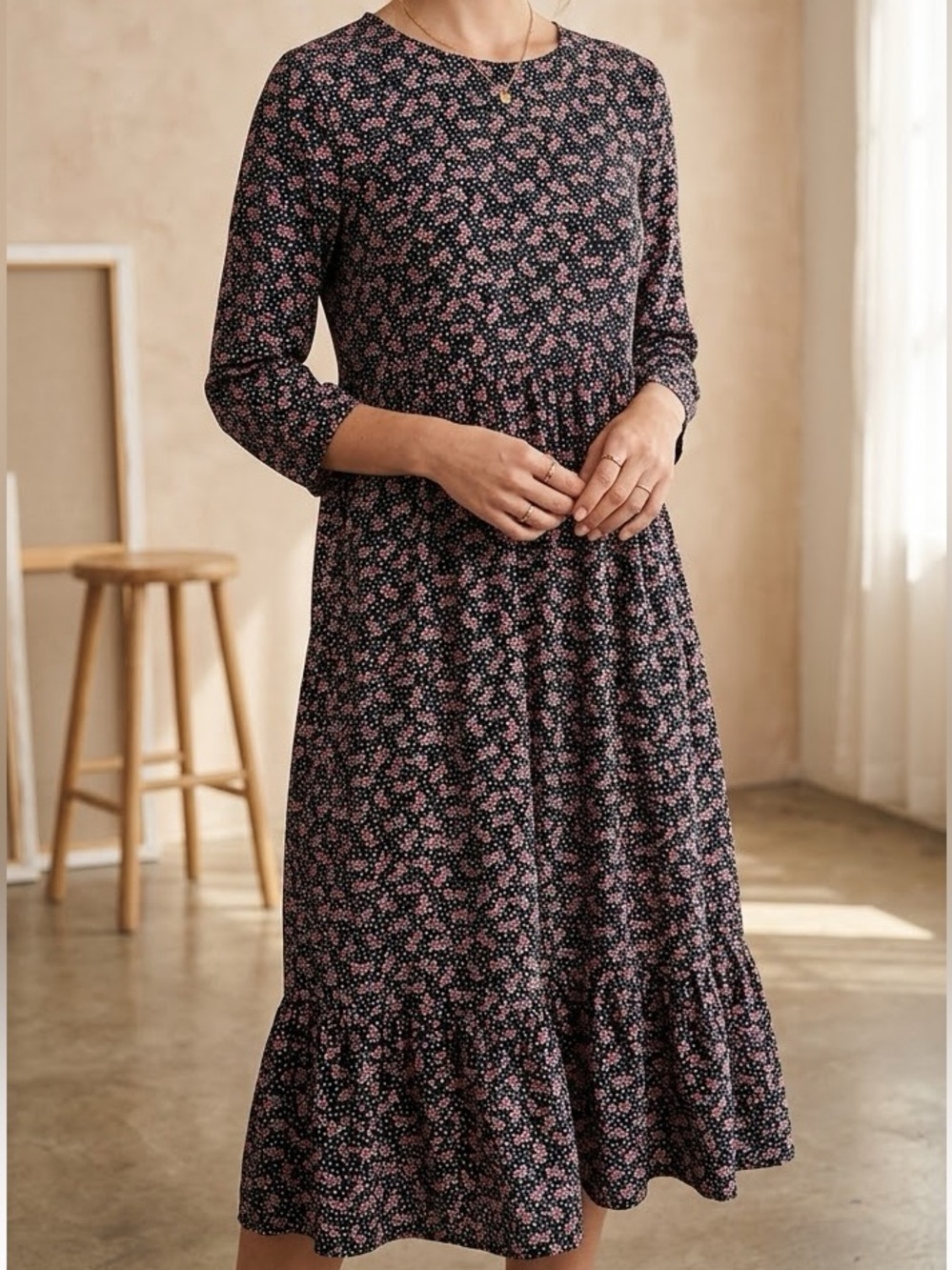 LOFT Black Floral Maxi Dress with Pink and White Accents